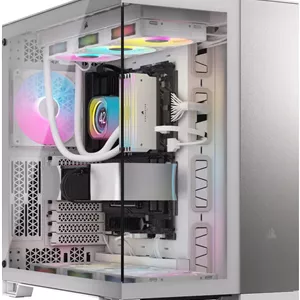 کیس کامپیوتر مید تاور Corsair 6500X، پشتیبانی از رادیاتور تا 360 میلی‌متر و 10 فن، شیشه حرارت دیده، محفظه دوگانه، پنل ورودی/خروجی مدرن در جلو، انعطاف‌پذیری گسترده در خنک‌سازی، سفید / آلومینیوم خاکستری ساتن | CC-9011285-WW