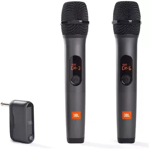 سیستم میکروفون بی سیم JBL، انتقال بی سیم UHF دو کاناله، توان گیرنده 6 ساعته، ورودی میکروفون 1/4 اینچی، صدای حرفه ای JBL برای صدای واضح، باتری های AA برای میکروفون ها، مشکی | JBLWIRELESSMIC