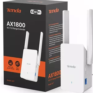 تقویت کننده محدوده وای فای 6 تندا A27 AX1800، توسعه دهنده پهنای باند دوگانه/وای فای، تقویت کننده/نقطه اتصال وای فای با 1 پورت گیگابیتی و 2 آنتن خارجی، 1 پورت گیگابیتی، حالت نقطه دسترسی داخلی، سفید
