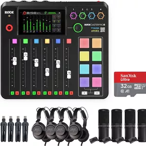 پکیج استودیوی تولید صوتی یکپارچه Kellards Rode RODECaster Pro II به همراه بسته میکروفون پادکست Zoom ZDM-1 چهارتایی و کارت حافظه microSDHC با ظرفیت 32 گیگابایت