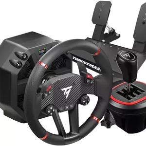 بسته فرمان مسابقه و دسته دنده Thrustmaster T598TH8S، درایو مستقیم محوری 5 نیوتن‌متر، رینگ اسپرت‌کار جداشدنی، مجموعه پدال فلزی، دسته دنده 8 سرعته H.E.A.R.T.، صفحه نمایش مسابقه، فناوری HARMONY، مشکی 
