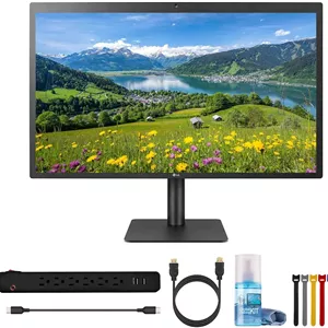 مانیتور 27 اینچی IPS 5K ال‌جی مدل UltraFine 27MD5KLB-B به همراه: محافظ برق، کابل Type-C، بست کمربندی کابل، کیت تمیز کننده تلویزیون