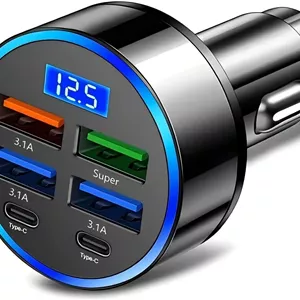 آداپتور شارژر فندکی خودرو 6 در 1 با نمایشگر ولتاژ LED، شارژر موبایل با پورت های متعدد برای دستگاه های هوشمند مانند تبلت، لپ تاپ، تلفن های همراه مانند آیفون، سامسونگ، اوپو، ویوو