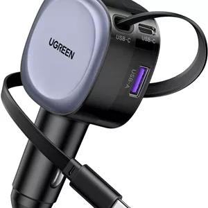 شارژر فندکی جمع شونده 75 واتی UGREEN با کابل USB C داخلی 60 واتی 75 سانتی متری، آداپتور شارژ سریع 3 پورت تلفن همراه برای سری iPhone 17، MacBook Pro/Air، Samsung S25 Ultra