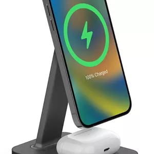 پایه و پد شارژ 2 در 1 mophie Snap  - شارژر بی‌سیم 15 واتی سازگار با آیفون و ایرپادز، شامل آداپتور Snap  برای سایر تلفن‌های دارای Qi، پایه فولادی، زوایای قابل تنظیم