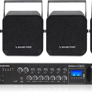 سیستم آمپلی فایر تجاری 6 زون 70V/100V و 6 بلندگوی دیواری 5 اینچی Sound Town، مناسب رستوران ها، بارها، کافه ها، مدارس، کلیساها، مشکی