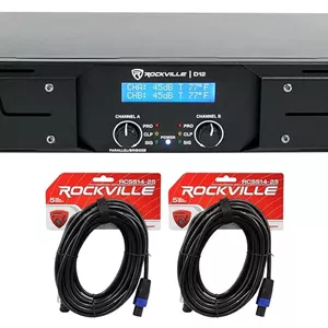 آمپلی فایر Rockville D12 با توان پیک 5000 وات / توان RMS 1400 وات، 2 کانال کلاس D حرفه ای/DJ به همراه (2) کابل اسپیکون به اسپیکون Rockville RCSS1425 به طول 25 فوت با گیج 14 AWG و 100% مس