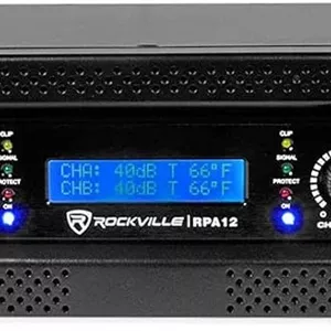 آمپلی فایر رک مونت دو کاناله Rockville RPA12 با توان پیک 5000 وات و توان مداوم 1400 وات، آمپلی فایر حرفه ای/دی جی قابل پل زدن، نشانگرهای LED، برای صدای زنده