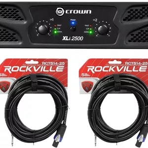 مجموعه Audiosavings: آمپلی فایر قدرت 2 کاناله 1500 واتی Crown Pro Audio XLi2500 DJ/PA به همراه (2) کابل بلندگوی 25 فوتی 14 AWG 1/4 اینچی TS به Speakon راکویل RCTS1425 با مس 100% (3 قطعه)