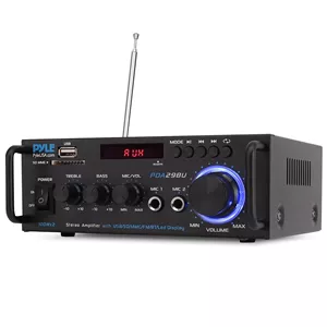 آمپلی فایر استریو بی سیم بلوتوث Pyle - سیستم گیرنده صوتی استریو دو کاناله 200 وات با RCA، USB، SD، ورودی میکروفون، رادیو FM، برای سرگرمی سینمای خانگی