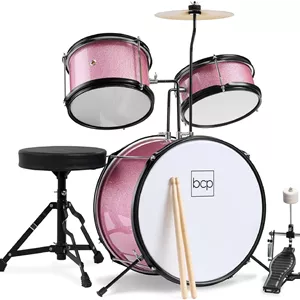Best Choice Products 3-Piece Beginner Drum Set for Kids Juniors, w/Throne Stool, Cymbal, Drum Sticks, Bass Drum Pedal, 2 Toms - Pink Sparkle