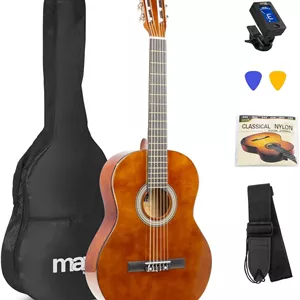 گیتار آکوستیک 4/4 MAX SoloArt برای مبتدیان و بزرگسالان - گیتار آکوستیک به همراه کیف، تیونر، پیک، بند و لوازم جانبی - گیتار آکوستیک، گیتار کلاسیک چوب قهوه ای