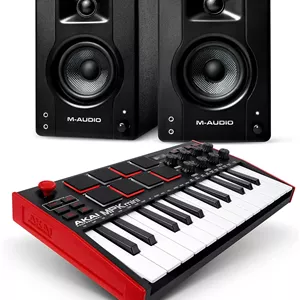AKAI Professional MPK Mini MK3 و M-Audio BX3 – کنترلر میدی کیبورد USB با 25 کلید، پد درام و اسپیکر مانیتور استودیویی 3.5 اینچی برای ضبط
