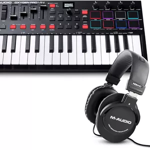 M-Audio Oxygen Pro Mini و HDH40 – کنترلر میدی کیبورد USB با 32 کلید به همراه پدهای ضرب و هدفون استودیویی رو گوشی