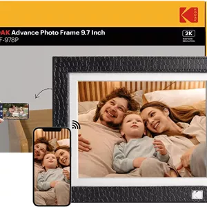قاب عکس دیجیتال 9.7 اینچی KODAK با WiFi، صفحه لمسی IPS 2K با وضوح 2048x1536، حافظه 32 گیگابایتی، کیف چرمی مشکی، سنسور حرکتی چرخش خودکار، اشتراک‌گذاری عکس‌ها و فیلم‌ها از هر کجا، هدیه برای خانواده‌ها