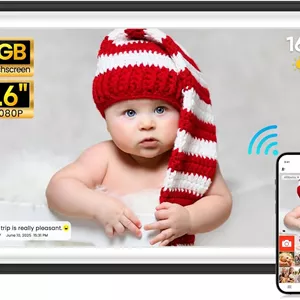 قاب عکس دیجیتال وای فای 15.6 اینچی Frameo، صفحه نمایش لمسی IPS با کیفیت FHD 1920x1080، حافظه 64 گیگابایتی، چرخش خودکار، قابلیت نصب روی دیوار، اشتراک گذاری فوری عکس ها/فیلم ها از طریق Frameo از هر کجا
