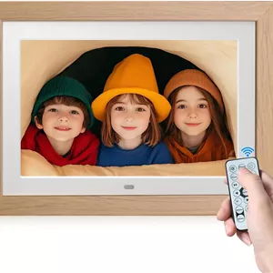 قاب عکس دیجیتال 10.1 اینچی، صفحه نمایش فوق العاده شفاف 1280 * 800 IPS با نمای کامل، اسلات کارت SD، قاب چوبی قابل جابجایی، اشتراک گذاری فیلم ها، عکس ها، تبریکات، نمایش اسلاید چرخش خودکار بدون وای فای