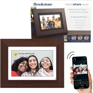 قاب عکس دیجیتال 8 اینچی Brookstone با قابلیت اتصال به وای فای | ارسال عکس یا ویدیو از تلفن به قاب عکس دیجیتال با برنامه رایگان PhotoShare Frame v2 | رمزگذاری سرتاسری | نصب سریع و آسان | چوب اسپرسو