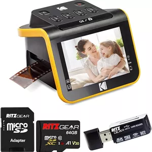 اسکنر فیلم دیجیتال Kodak Slide N Scan با صفحه نمایش 5 اینچی - دیجیتایزر فیلم نگاتیو و اسلاید، تبدیل نگاتیوهای رنگی و سیاه و سفید و فیلم های 35 میلی متری، 126 میلی متری، 110 میلی متری به فایل های JPEG 22 مگاپیکسلی به همراه کارت SD 64 گیگابایتی و کارت خوان، مشکی