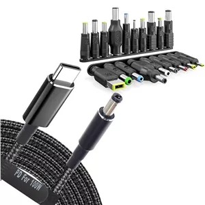 مجموعه 19 عددی آداپتور USB C به DC - کیت پلاگین برق، کابل شارژ یونیورسال بافته شده PD و جک استوانه ای گرد 5.5x2.1 میلی متری برای کانکتورهای شارژ لپ تاپ MSI Acer Asus Thinkpad IBM Lenovo Dell HP