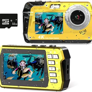 دوربین دیجیتال ضد آب 4K 48MP با کارت 32 گیگابایتی، دارای دو صفحه نمایش (جلو و عقب)، مناسب برای غواصی تا عمق 3 متر، مناسب برای غواصی، موج سواری، رفتینگ، شنا و مسافرت