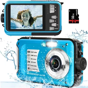 دوربین ضد آب با کارت حافظه 32 گیگابایتی، 30 مگاپیکسل FHD 1080P، زوم دیجیتال 16X، دوربین دیجیتال جمع و جور مناسب کودکان برای غواصی، آبی