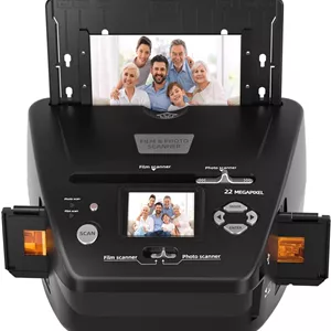 اسکنر عکس و اسلاید با صفحه نمایش 2.4 اینچی LCD، تبدیل نگاتیو و اسلاید فیلم 35 میلی متری/135، عکس (3R، 4R، 5R)، کارت ویزیت به عکس های دیجیتال 22 مگاپیکسلی JPEG، کارت SD 4 گیگابایتی شامل