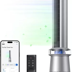 پنکه تصفیه کننده هوا Dreo MC710S، پنکه هوشمند 2 در 1 مناسب اتاق خواب، سرعت 8 متر بر ثانیه، چرخش 120 درجه، تایمر 24 ساعته، پنکه بدون پره مناسب منزل، صدای کم 25 دسی بل، پنکه ایستاده سازگار با الکسا، نقره ای آبی
