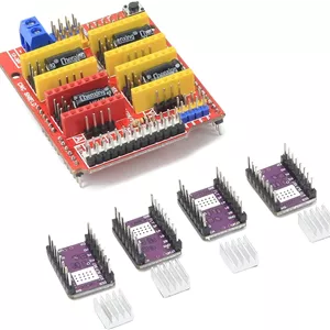 کیت کنترلر CNC رَتِموتور، برد توسعه شیلد CNC GRBL V3 با 4 عدد درایور موتور پله‌ای DRV8825 به همراه هیت سینک، سازگار با آردوینو IDE، مناسب برای دستگاه CNC روتر و پرینتر سه بعدی