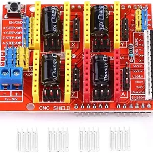 برد توسعه CNC V3.0 به همراه 4 عدد ماژول درایور موتور پله ای A4988 با هیت سینک، برد کنترل با دقت بالا برای پرینتر سه بعدی، دستگاه حکاکی، کیت روتر CNC DIY، قرمز 68x53x18 میلی متر