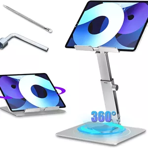 پایه نگهدارنده تبلت برای میز، پایه آیپد برای میز با پایه چرخان 360 درجه، پایه رومیزی تاشو آلومینیومی، ارتفاع قابل تنظیم، برای تلفن همراه و تبلت های 4.7 تا 13.5 اینچی