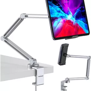 پایه بازویی تبلت با گیره فوق العاده، نگهدارنده تاشو قابل تنظیم و گیره چرخان 360 درجه آلومینیومی سنگین برای آیپد، تلفن، مانیتور، کیندل - جهانی برای میز، تخت، آشپزخانه - نقره ای