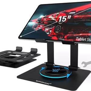 پایه نگهدارنده تبلت برای میز، با پایه فلزی چرخان 360 درجه، پشتیبانی دو میله ای قابل تنظیم چند زاویه ای، لوازم جانبی اداری خانگی سازگار با آیپد، تبلت های سامسونگ گلکسی و موارد دیگر، مشکی