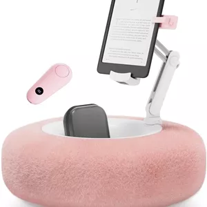 پایه بالشتی تبلت با ورق زن کیندل برای مطالعه در تخت، نگهدارنده آیپد با قابلیت تنظیم 360 درجه به همراه کاسه تنقلات، سازگار با 4.7 تا 13 اینچ کیندل/آیپد/آیفون/سامسونگ، صورتی