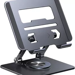 پایه تبلت تاشو آلومینیومی قابل حمل با پایه چرخان 360 درجه، ارتفاع قابل تنظیم، سازگار با آیپد پرو/ایر/مینی، مناسب برای کیندل و گوشی های تاشو، ایده آل برای خانه و دفتر (خاکستری تیره)