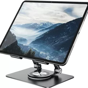 پایه نگهدارنده تبلت با پایه چرخان 360 درجه، پایه تبلت رومیزی آلومینیومی قابل تنظیم با دو میله سازگار با آیپد، گوشی سامسونگ، کیندل، کتابخوان الکترونیکی و غیره، مشکی