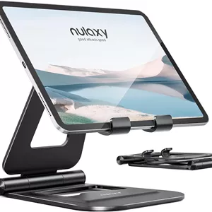 پایه تبلت تاشو دوگانه آلومینیومی Nulaxy، نگهدارنده تبلت رومیزی کاملاً قابل تنظیم، لوازم جانبی تبلت برای کیندل اداری سازگار با دستگاه های تلفن همراه iPad Pro/Air/Mini، iPhone Pro/Max/Plus، مشکی