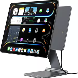 پایه شارژ مغناطیسی بی سیم KU XIU برای آیپد پرو ۱۱ اینچ M4/M5، پایه تبلت تاشو آلیاژ آلومینیوم برای میز، پایه تبلت قابل تنظیم ۳۶۰ درجه برای آیپد پرو ۱۱ M4 [شامل کابل USB C ۱ متری]