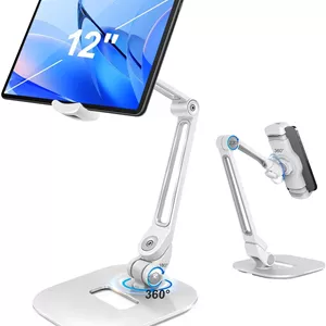 پایه نگهدارنده تبلت رومیزی قابل تنظیم با چرخش 360 درجه، مناسب برای آیپد ایر مینی پرو 4.7 تا 12 اینچی، آیفون، سامسونگ POS، کیندل، بازوی تاشو آلیاژ آلومینیوم برای فروشگاه، آشپزخانه، رومیزی، سفید