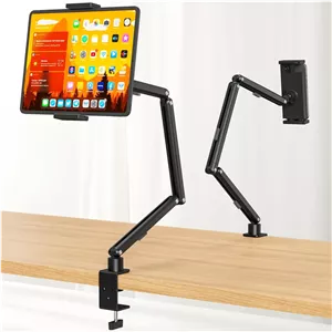 پایه نگهدارنده تبلت Houele، بازوی تاشو قابل تنظیم با پایه چرخان 360 درجه، نگهدارنده تبلت با گیره، سازگار با تبلت ها، تلفن ها یا سایر دستگاه های 4.7-15.6 اینچی