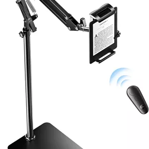 پایه نگهدارنده رومیزی برای کتابخوان الکترونیکی به همراه ریموت کنترل ورق زن، پایه تبلت برای مطالعه در تخت با کلیکر - مناسب برای کتابخوان های الکترونیکی، آیپد، آیفون و غیره، ورق زن مشکی