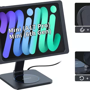 پایه مغناطیسی تاشو با محفظه شارژ A6 برای آیپد مینی (A17 Pro, A15 Bionic) 8.3 اینچی. آهنرباهای قوی، چرخش 360 درجه، شیب 90 درجه، آداپتور شارژ سریع 45 واتی به همراه کابل USB C