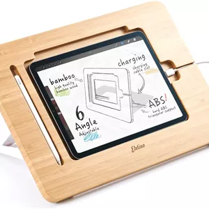 پایه نگهدارنده آیپد چوبی بامبو ELETIUO، با شیار کابل شارژ و مداد، رومیزی تبلت با قابلیت تنظیم چند زاویه، پایه تاشو قابل حمل، سازگار با آیپد پرو 12.9 اینچی نسل 3/4/5