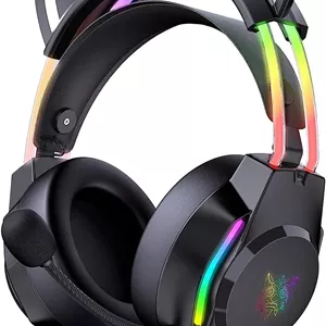 هدست گیمینگ با میکروفون حذف نویز و گوش‌های گربه‌ای، نور پس‌زمینه RGB، صدای فراگیر مجازی - برای PC، PS4&5، Xbox، Switch - هدفون سبک وزن روگوشی با هدبند قابل تنظیم خودکار (مشکی)