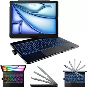 کیبورد لمسی تایپ‌کیس برای آیپد ایر ۱۱ اینچی (M3 2025 / M2 2024) و آیپد پرو ۱۱ (نسل 4/3/2/1): ترک‌پد چند لمسی و نور پس‌زمینه ۱۱ رنگ و چرخش ۳۶۰ درجه، باریک و سبک برای آیپد ایر نسل 5/4، مشکی