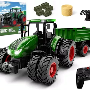 اسباب بازی تراکتور کنترلی، ست تراکتور RC و کامیون و تریلر لودر جلو - سر فلزی / 8 چرخ / چراغ، اسباب بازی وسایل نقلیه مزرعه برای کودکان 3 4 5 6 7 8 9 ساله، هدیه تولد پسران و دختران