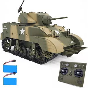 تانک کنترلی مدل US M5A1 Stuart مقیاس 1/16، تانک جنگی نظامی آرسی با قابلیت شبیه‌سازی دود، بالا و پایین بردن لوله توپ، چرخش 360 درجه برجک، مدل کلکسیونی با 2 باتری طرح استتار
