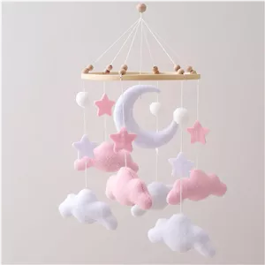 آویز تخت نوزاد برای اتاق کودک، آویز صورتی تخت، آویز تخت برای گهواره، دکوراسیون اتاق کودک آویز ماه ستاره ابر نمدی هدیه نوزاد برای پسران و دختران