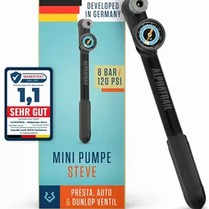 تلمبه مینی دوچرخه Alphatrail Steve - مناسب برای تمام والف ها، حداکثر فشار 120 PSI / 8.3 بار | گیج بزرگ (1.5 اینچ) | دسته T شکل ارگونومیک | تلمبه دوچرخه برای والف های پرستا، شرادر و دانلوپ