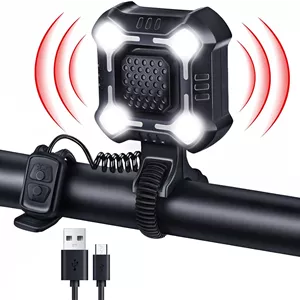 بوق برقی دوچرخه 140dB با چراغ جلو، بوق دوچرخه 2 در 1 با 6 حالت صدا، قابل شارژ USB-C، زنگ دوچرخه با نورافکن با برد بزرگ برای بزرگسالان، کودکان، اسکوتر، دوچرخه برقی، ضد آب IPX6